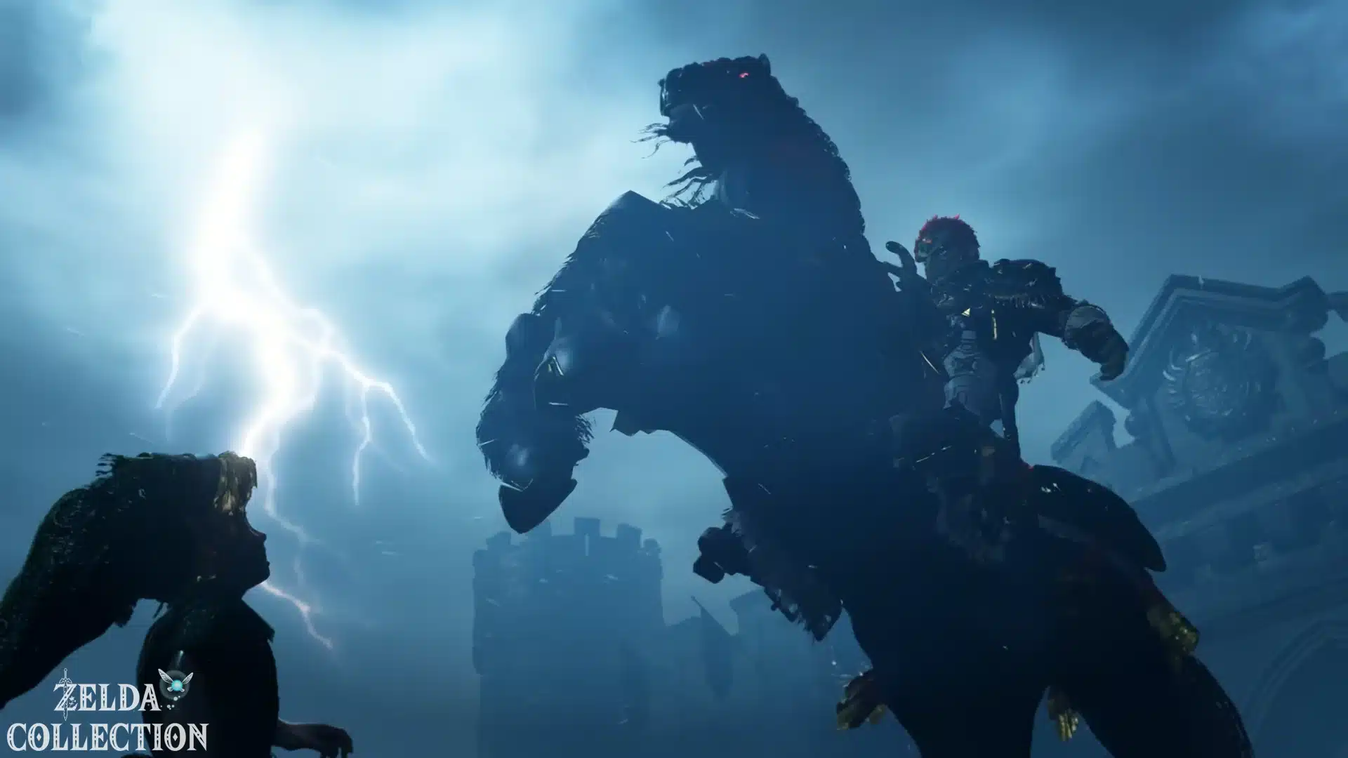 Link steht dem riesigen Ganon gegenüber, während ein Blitz den Himmel erhellt.
