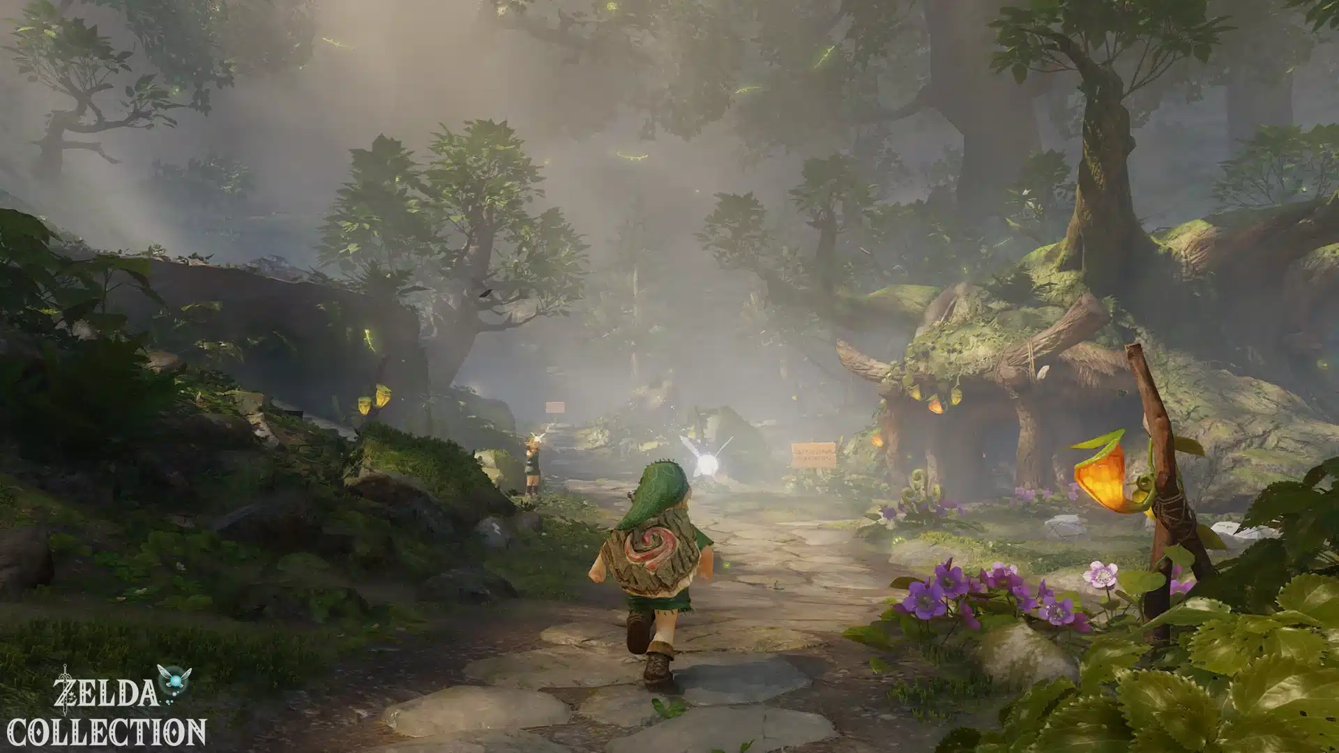 Der junge Link läuft durch den Kokiri-Wald mit seinen Baumhäusern im Switch-2-Remake.