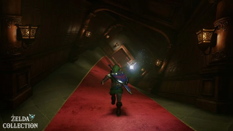 Der erwachsene Link und Navi stehen im verdrehten Gang des Waldtempels im Remake.