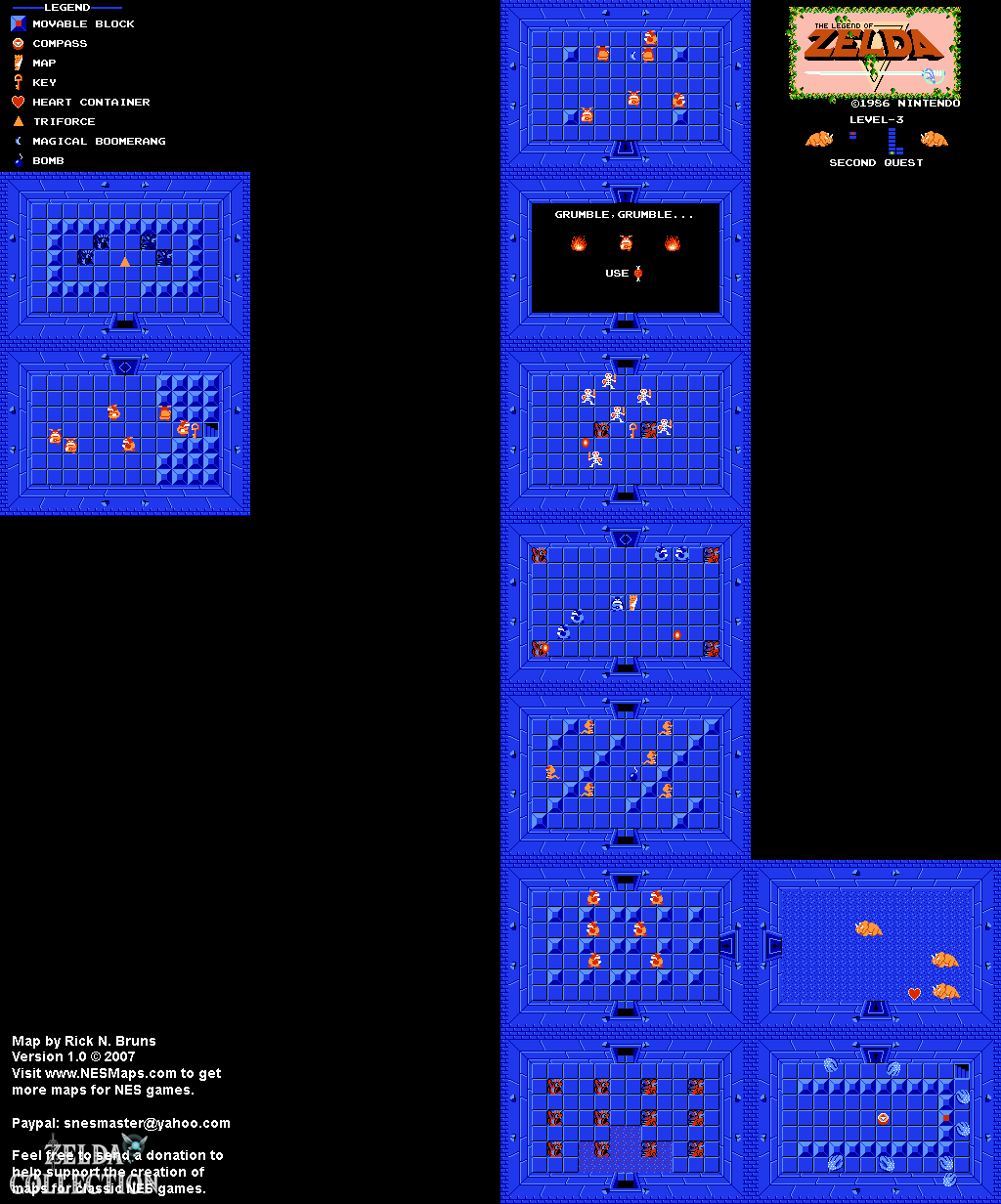 Dungeon 3 der zweiten Quest in The Legend of Zelda für NES mit Räumen, Gegenständen und Verbindungstreppen.