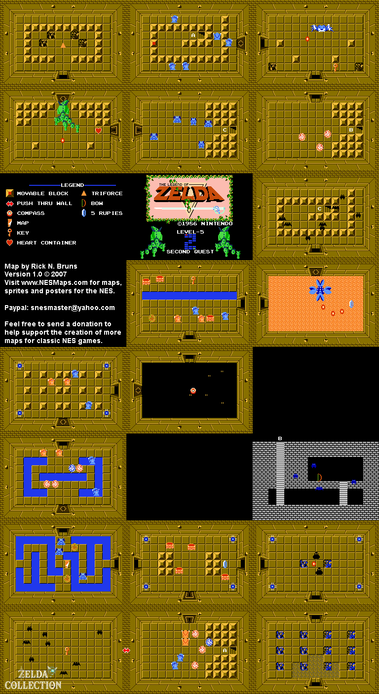Dungeon 5 der zweiten Quest in The Legend of Zelda für NES mit Räumen, Gegenständen und Verbindungstreppen.