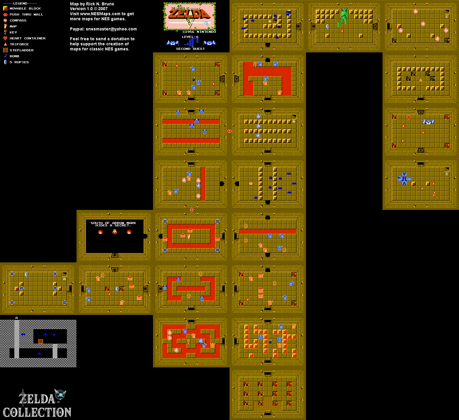 Dungeon 6 der zweiten Quest in The Legend of Zelda für NES mit Räumen, Gegenständen und Verbindungstreppen.