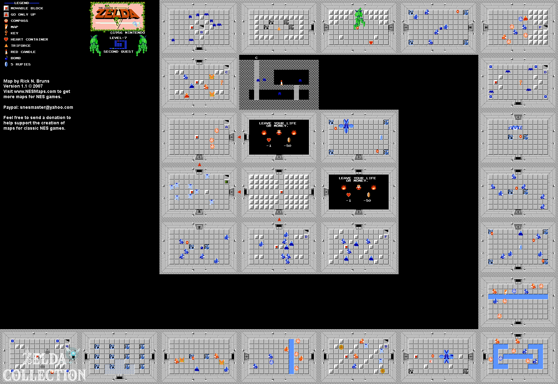 Dungeon 7 der zweiten Quest in The Legend of Zelda für NES mit Räumen, Gegenständen und Verbindungstreppen.