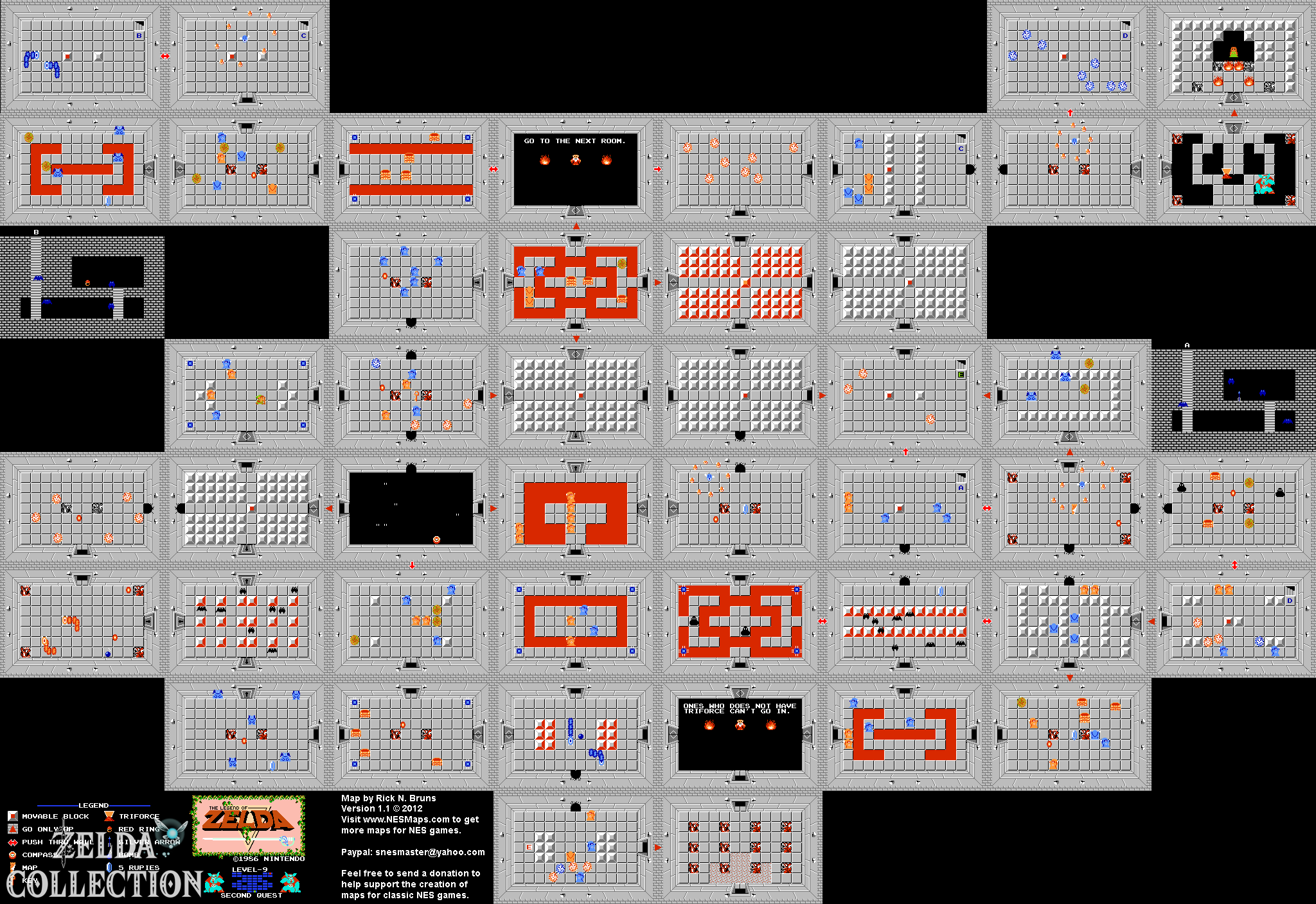 Dungeon 9 der zweiten Quest in The Legend of Zelda für NES mit Räumen, Gegenständen und Verbindungstreppen.